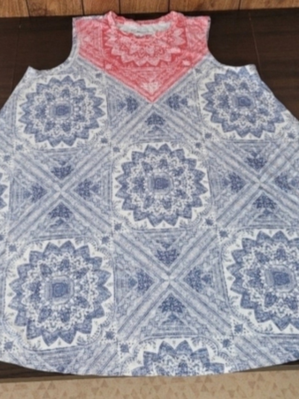 Sonoma Blue Medallion Midi Dress with Coral Yoke XL